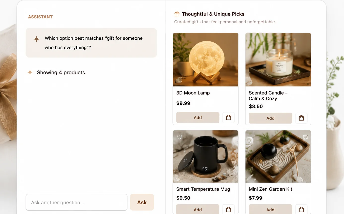Search answering “gift for someone who has everything” with a moon lamp, a scented candle, a smart mug and a zen garden kit
