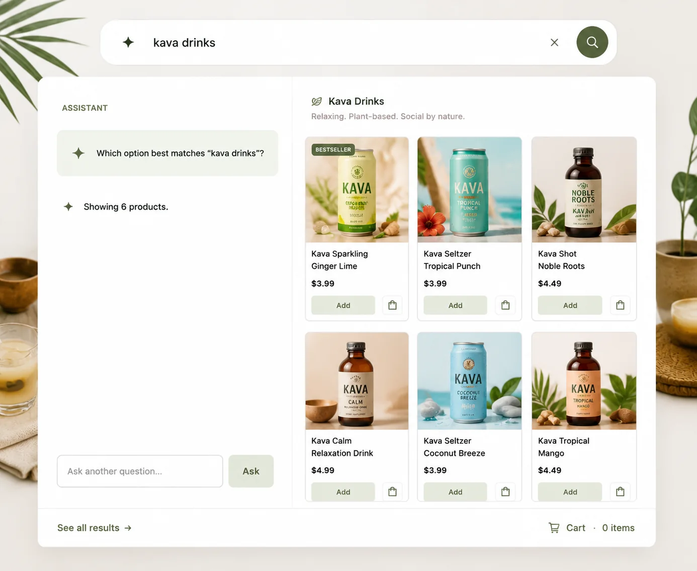 A search for “kava drinks” returning six kava products, the query the comparison below names as one native search finds nothing for
