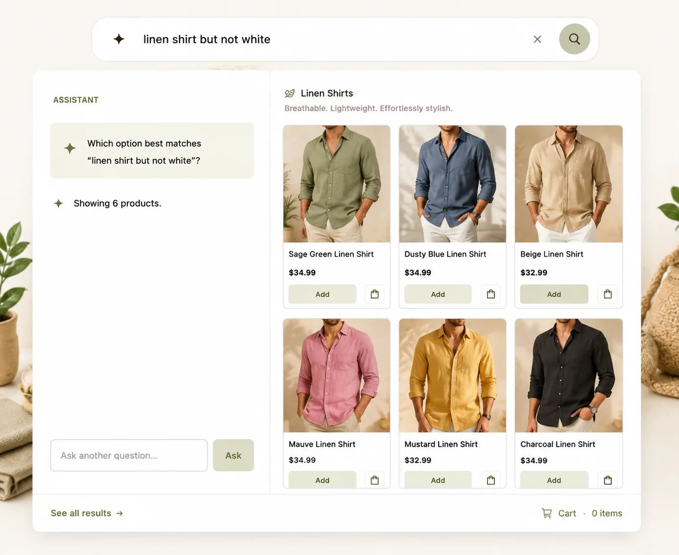 A shopper searches “linen shirt but not white” and Growsearch returns six linen shirts, none of them white