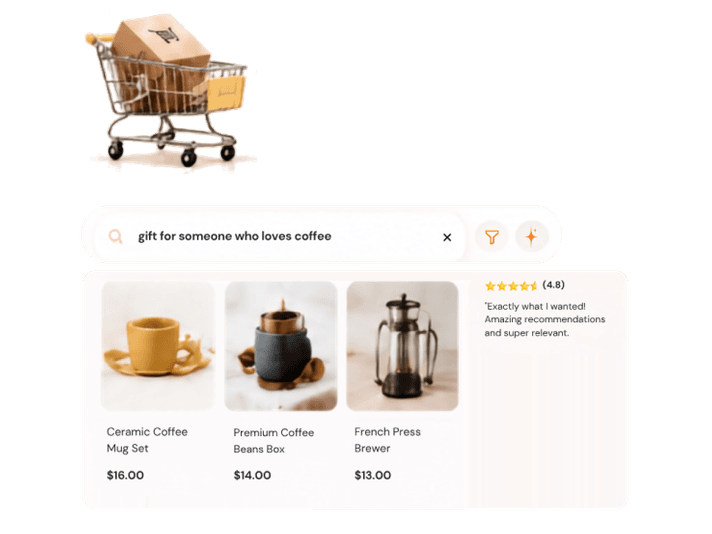 A Growmerce search for “gift for someone who loves coffee” returning coffee products